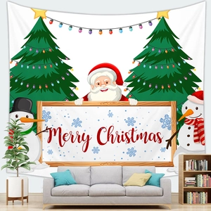 Christmas Santa Claus tapestry with snowmen and decorated trees on indoor white wall
