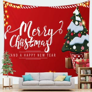Red Christmas Santa tapestry featuring a snow-covered tree and gifts on a white wall