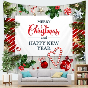 Festive Christmas tapestry with pine leaves and ornaments shown as a sofa background