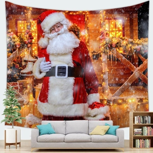 Christmas Santa Claus peach skin tapestry hanging on a wall behind a gray sofa