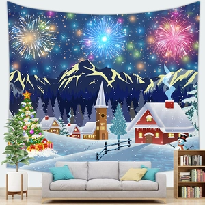 Winter snow scene wall tapestry featuring a snowy mountain church and festive fireworks display