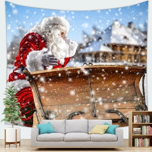 Macro detail of Santa Claus tapestry showing vibrant printed fabric on a living room wall