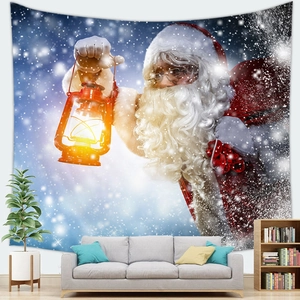 Detailed view of Santa Claus tapestry hanging in a cozy living room with soft lighting