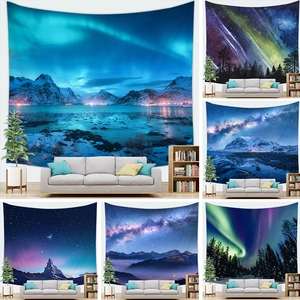 Aurora Borealis Starry Sky Wall Tapestry Polyester 3D Printed Snowy Mountain Forest Landscape Home Decor Hanging