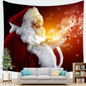 Cozy living room detail with Santa Claus tapestry blowing starlight on a warm festive wall