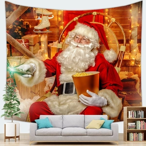 Cozy living room interior with Santa Claus peach skin tapestry hanging on the wall