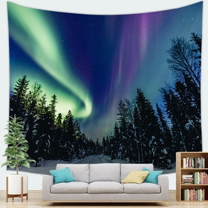 Cozy living room interior featuring an aurora polar forest tapestry on white wall