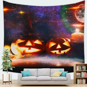 Halloween pumpkin wall tapestry with luminous Jack-o'-lanterns and galaxy background