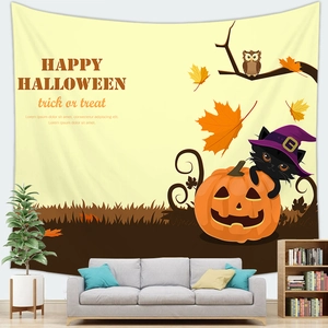 Halloween wall tapestry mockup with pumpkin, black cat, and Happy Halloween text decor
