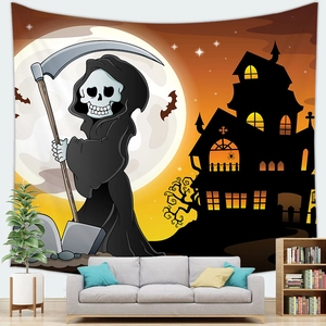 Cartoon Grim Reaper tapestry with moon and haunted house in modern living room setup