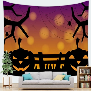 Detailed Halloween wall tapestry with pumpkin and spiderweb silhouettes on orange gradient
