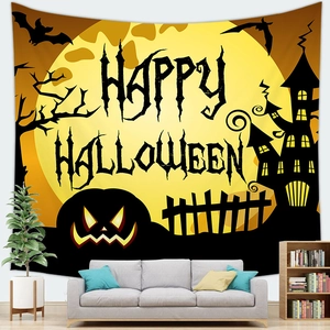 Halloween tapestry with orange moon and spooky castle wall decor for home living room