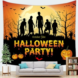 Detail of Halloween tapestry with full moon, zombies, and glowing pumpkins on a wall