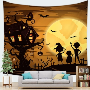 Detailed Halloween wall tapestry featuring haunted house and bat silhouettes in a cozy room