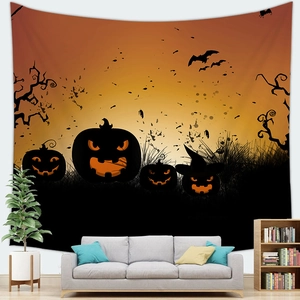 Halloween tapestry detail showing Jack-o'-lanterns and bats on orange gradient backdrop