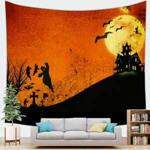 Macro detail of Halloween tapestry featuring ghost castle and moon over a sofa