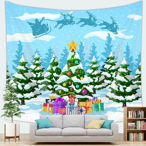 Christmas snowy forest tapestry with Santa sleigh and decorated tree for home wall decor