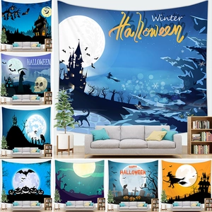 Polyester Halloween Tapestry Wall Hanging Pumpkin Witch Castle Pattern Backdrop For Bedroom Living Room Holiday Home Decor