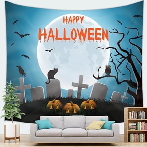Detail of Halloween wall tapestry featuring bats, black cat and glowing pumpkins
