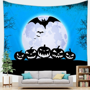 Halloween tapestry with pumpkin silhouettes and full moon background for bedroom decor