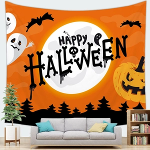 Halloween wall tapestry with Happy Halloween text over sofa for home party decoration