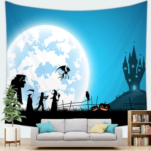 Halloween wall tapestry featuring a full moon and spooky castle over a living room sofa