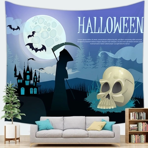 Detail of Halloween tapestry with grim reaper and moon over a sofa in a living room