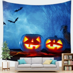 Halloween wall tapestry featuring glowing Jack-o'-lanterns and bats in a living room