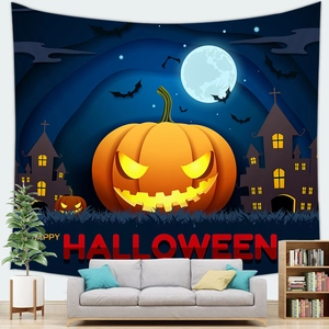 Halloween wall tapestry featuring a glowing pumpkin lantern and castle on a blue background
