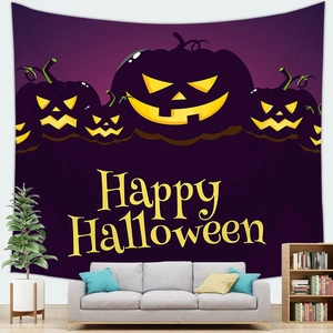 Halloween purple tapestry with Happy Halloween text and glowing pumpkins for home wall decor