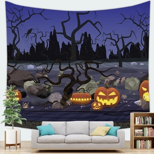 Halloween wall tapestry with pumpkin lanterns and crows in a spooky forest landscape
