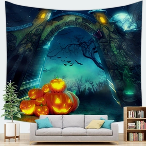Close-up of Halloween tapestry with pumpkins and castle hanging over a sofa