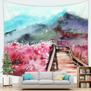 Arazzo in stile giapponese con paesaggio di fiori di ciliegio e sentiero in legno