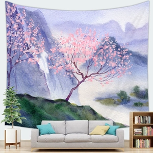 Arazzo giapponese con albero di fiori rosa e montagne per decorazione della parete