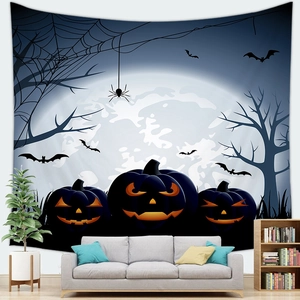 Detailed view of Halloween pumpkin tapestry on a living room wall with a full moon design