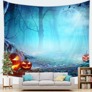 Detail of Halloween tapestry with Jack-o'-lanterns and blue misty forest over a sofa