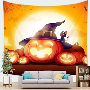 Halloween wall tapestry featuring a pumpkin, black cat, and bats in a cozy living room