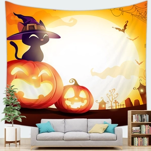 Halloween tapestry with cartoon black cat on pumpkin under full moon for home decor