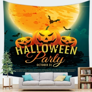 Detailed Halloween wall tapestry featuring pumpkins and ghosts in a living room setup