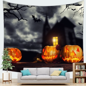 Halloween tapestry with glowing pumpkins and dark castle for cozy home wall decor
