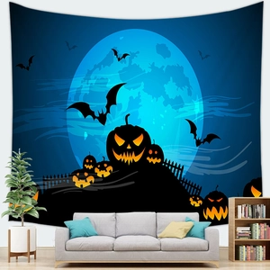 Macro detail of Halloween tapestry with blue moon and pumpkin lanterns in a modern living room
