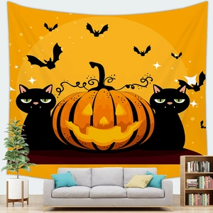Halloween pumpkin lantern and black cat tapestry for living room wall decoration