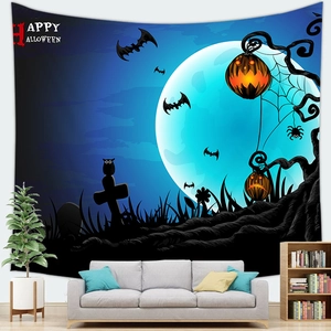 Λεπτομέρεια από ταπετσαρία Halloween με κολοκύθα και πανσέληνο σε τοίχο σαλονιού