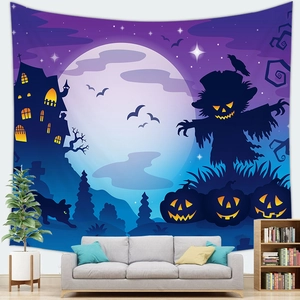 Λεπτομέρεια ταπετσαρίας Halloween με σκιάχτρο και κολοκύθα σε τοίχο σαλονιού
