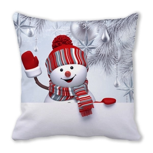 Christmas snowman cushion cover with red hat and winter pine design on white background