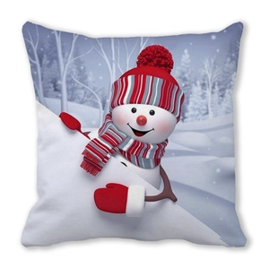 Square snowman cushion cover with 3D cartoon design in blue winter forest scenery