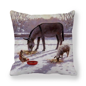 Kissenbezug mit Winterfarm-Ölgemälde-Motiv, Schaf und Esel auf Pfirsichhaut-Stoff