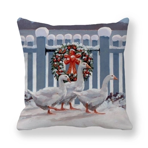 Weihnachts-Kissenbezug im Winterfarm-Stil mit weißen Gänsen und festlichem Kranz