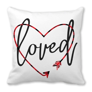 White peach skin pillowcase featuring black loved script and red plaid heart design