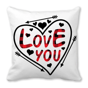 White pillowcase with LOVE YOU buffalo plaid print and heart for Valentine's Day